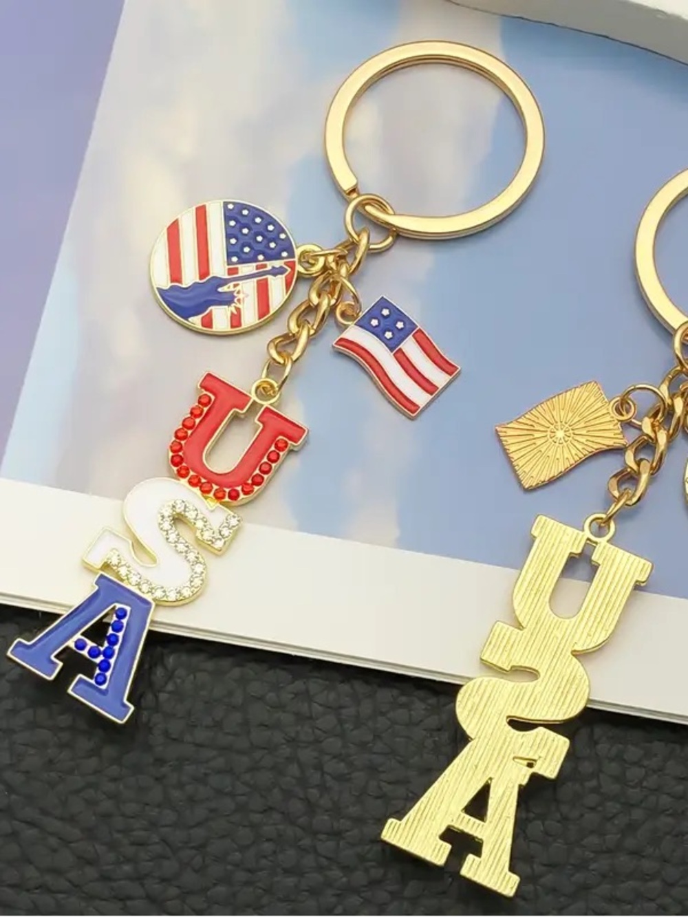 USA Flag Keychain Rhinestone Patriotic America Bag Charm Key Ring Red White Blue - Picture 3 of 5